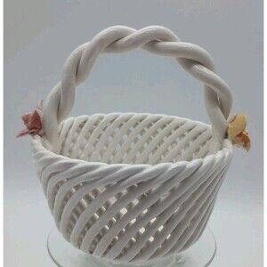 Tiny Vintage Capodimonte Basket Woven Delicate Roses Flowers Pink Yellow Italy